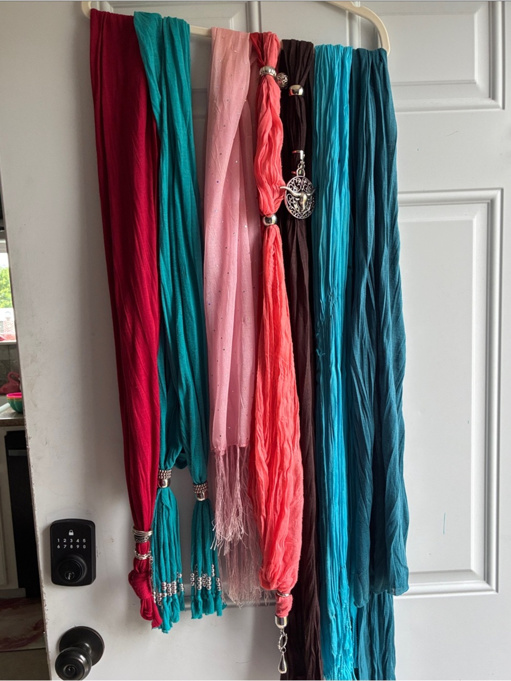 Colorful Boho Scarf Set - Teal, Coral, Pink, Burgundy, Brown. Set of 7 scarves